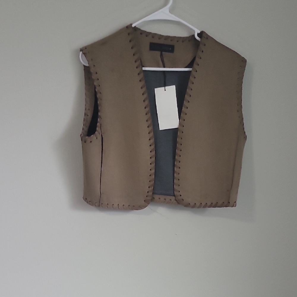 Zara Taupe Brown Cropped Vest with Whipstitch Trim